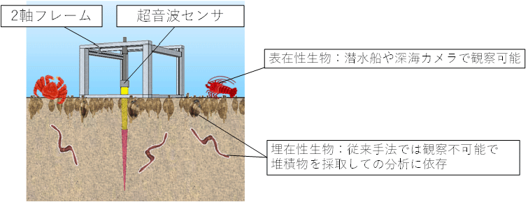 図2　観測イメージ<br>超音波を海底に照射しながら水平方向に動き、スキャンニングすることで、海底下の空間を3次元的に可視化する。