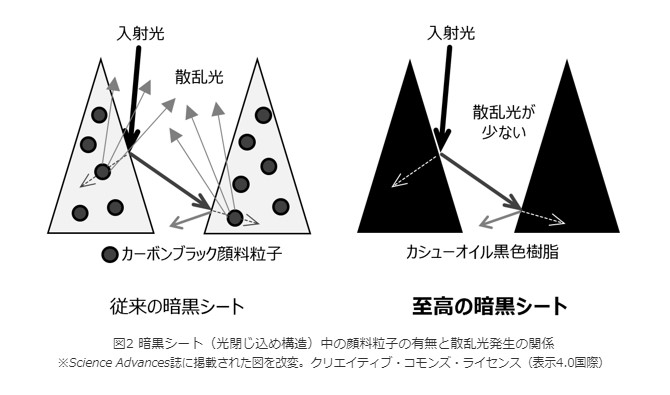 図2　暗黒シート（光閉じ込め構造）中の顔料粒子の有無と散乱光発生の関係