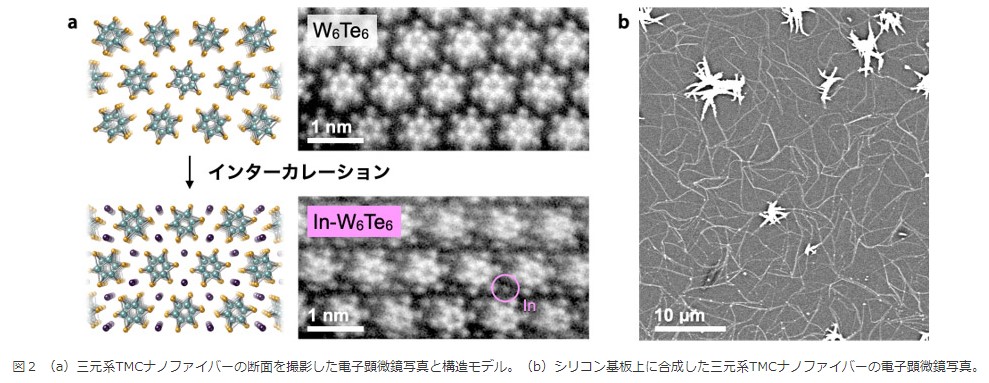 図2　(a)三元系TMCナノファイバーの断面を撮影した電子顕微鏡写真と構造モデル。(b)シリコン基板上に合成した三元系TMCナノファイバーの電子顕微鏡写真。